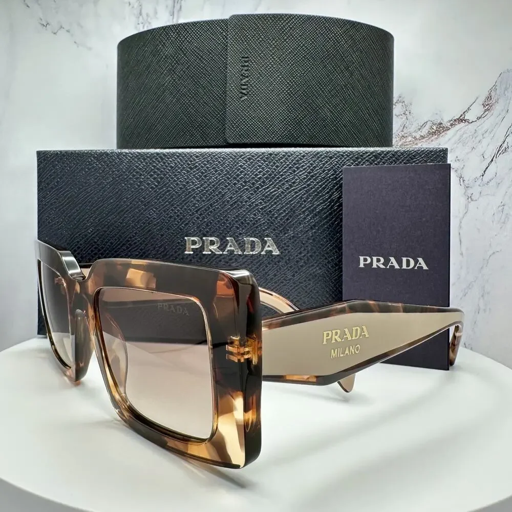 New PRADA Sunglasses Brown Beige Caramel Tortoise Gold Symbole Womens Rectangle
